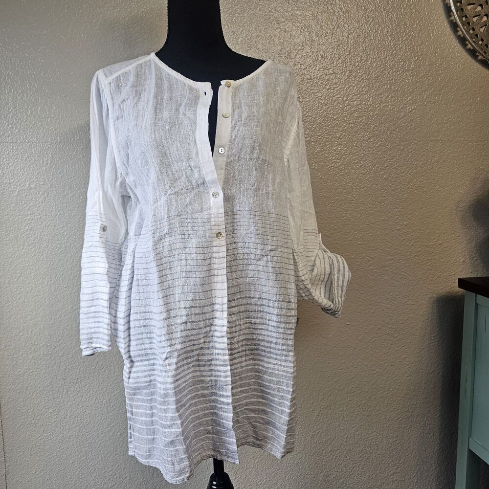 Kenar Linen Lightweight Minimalist Chic Tunic Blouse White Summer Sleeve  L P058